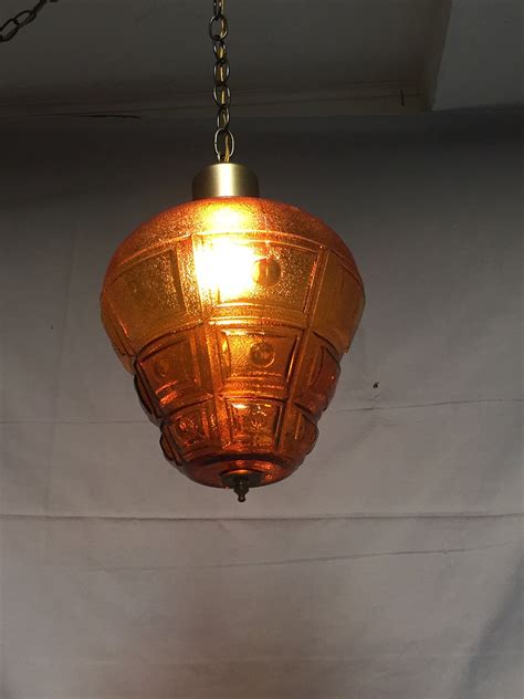1970s Mid Century Amber Glass Hanging Swag Light Pendant Light