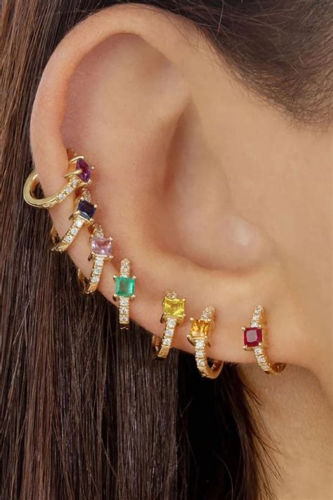 Vivid Colorful Crystal Square Gemstone Pave Huggie Hoop Earrings In