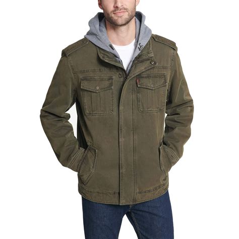 Levis Washed Cotton Hooded Military Jacket In Olive Green For Men