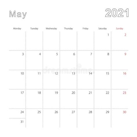 Simple Wall Calendar For May 2021 With Dotted Lines The Calendar Is In