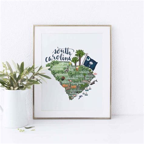 South Carolina State Map Sc Landmark Wall Art Decor Print Poster