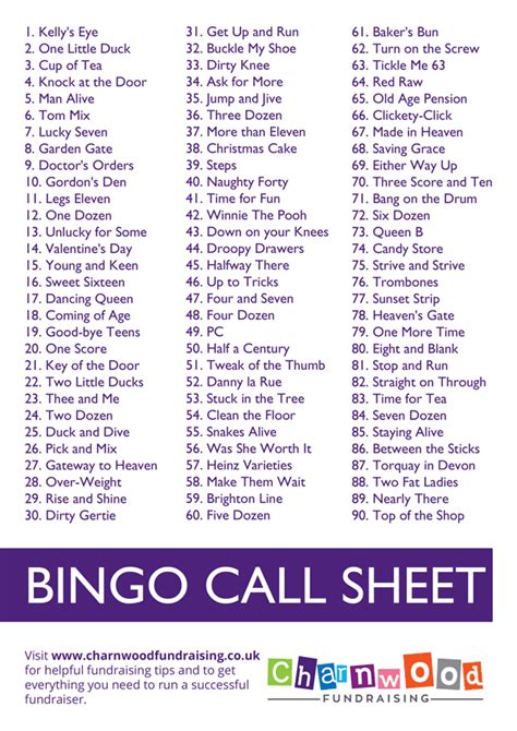 Bingo Calling Sheet Printable