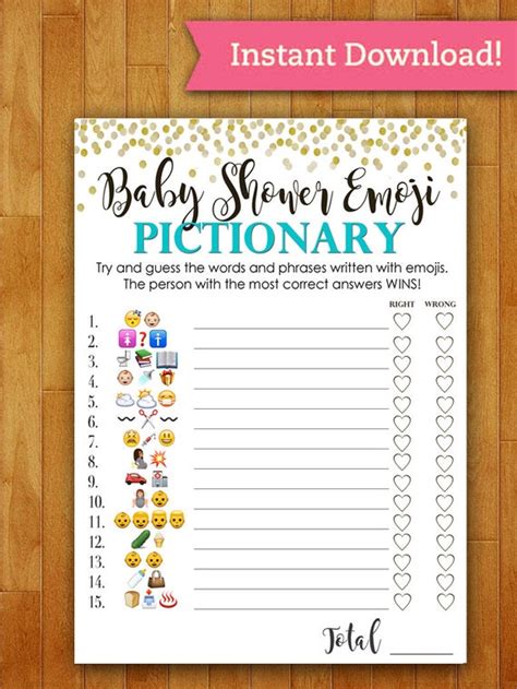 Baby Shower Game Pictionary Emoji Pictionary Teal Mint And