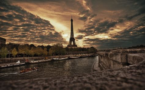 City Paris France Eiffel Tower River Clouds Overcast Sunset Boat