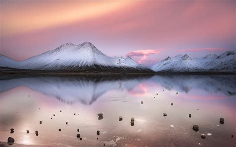 Nature Landscape Calm Lake Mountains Clouds Snowy Peak Pink