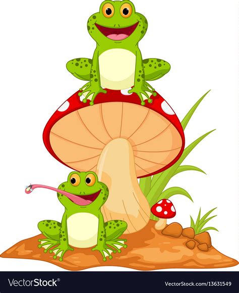 Happy Frog Cartoon Sitting On Mushroom Royalty Free Vector