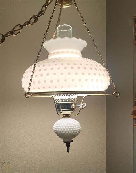 Vintage 1950s To 1970s Huge Large White Milk Glass Hobnail Lamp Hanging Lamp Hurricane Light