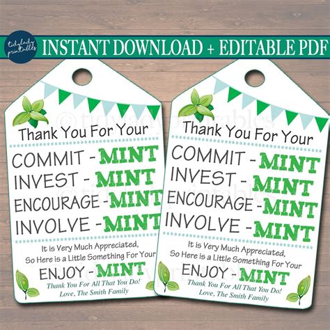 These printable thanks you tags templates allow you to give a personal touch to your gift. Printable Thank You Tags, Volunteer Mint Labels, Printable, INSTANT + - TidyLady Printables