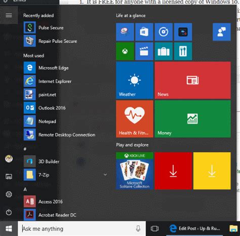 Windows 10 Anniversary Edition Start Button Menu Up And Running