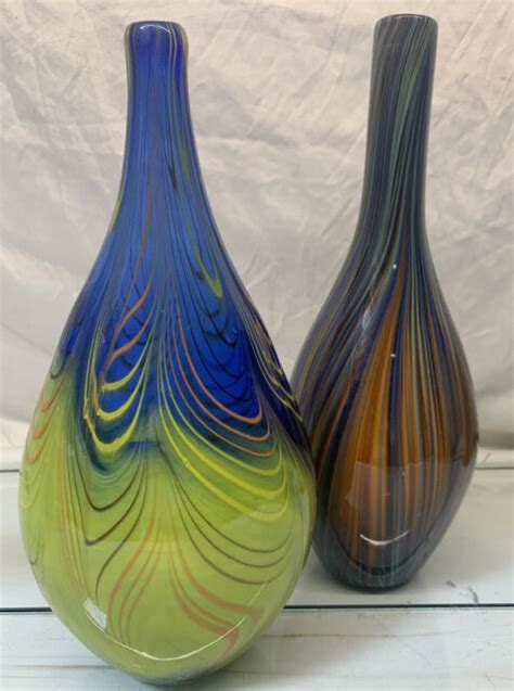 Lot Of 2 Hand Blown 14 And 15 Swirl Colorful Glass Vases Ebay