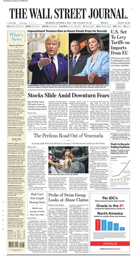 The Wall Street Journal 3 Oct 2019 Newspaper Front Pages Journal 3