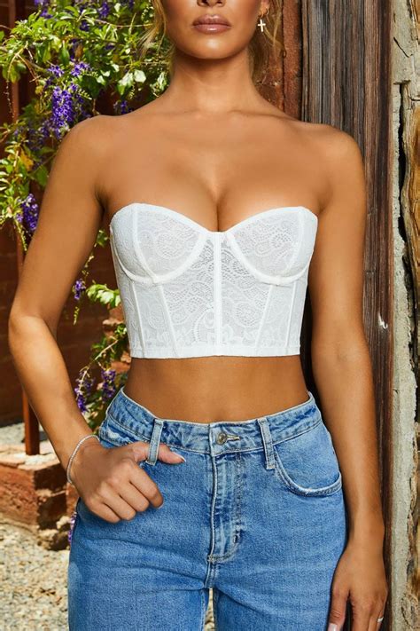 Lovestruck Semi Sheer Lace Bustier Crop Top In Oyster White Image