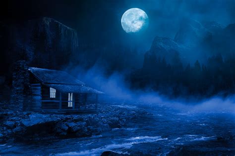 House Night Full Moon Fantasy Lake Flowing On Side 5k Hd Artist 4k