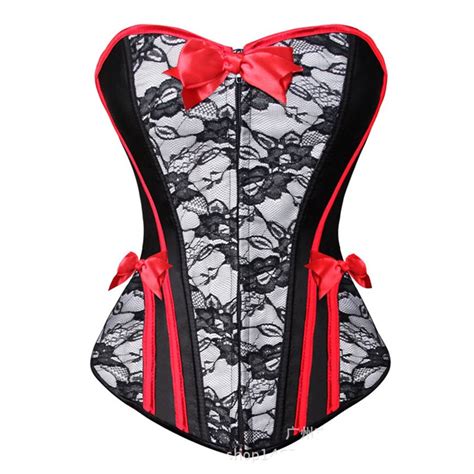 Black Satin And Floral Lace Red Bows Women Bustier Top Burlesque Gothic