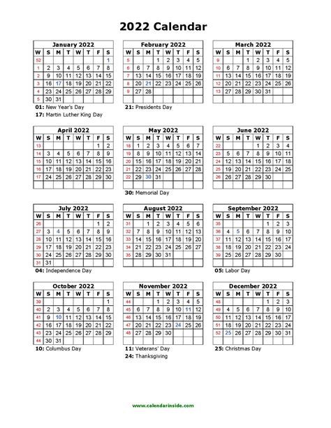 2022 Calendar With Holidays Template Word Pdf Riset