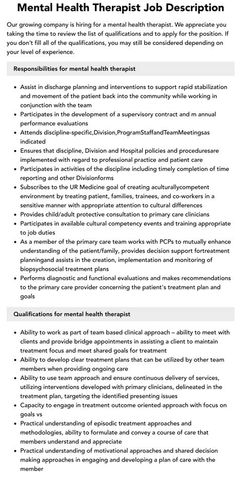 Mental Health Therapist Job Description Velvet Jobs