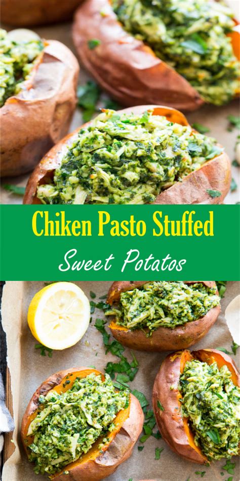 The sweet potatoes are halved and then roasted whole, skin on and everything, to create a beautiful vessel to plate the chicken pesto on. Chicken Pesto Stuffed Sweet Potatoes {Paleo, Whole30 ...