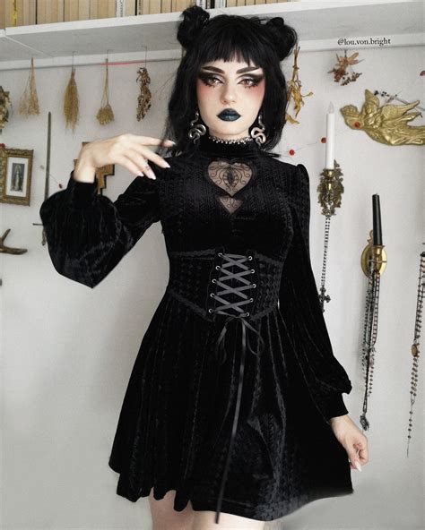 Black Gothic Sweet Velvet Heart Long Sleeve Short Dress Long Sleeve