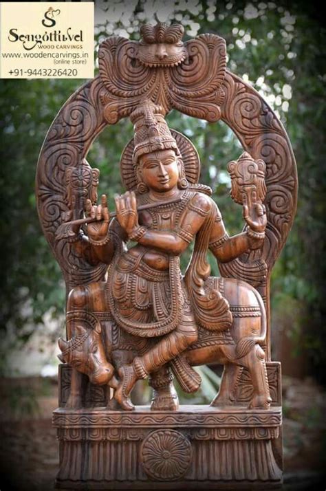 Hindu God Cow Krishna Playing Flute Made Of Wood With Arch Work