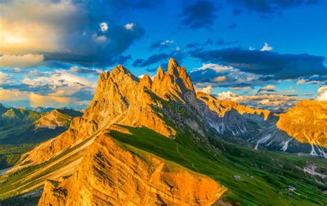 Odle Mountain Range At Sunset Seceda Dolomite Italy Stock Photo