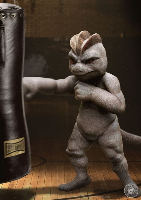 A Small Toy Is Posed In Front Of A Punching Bag With His Arm Stretched Out