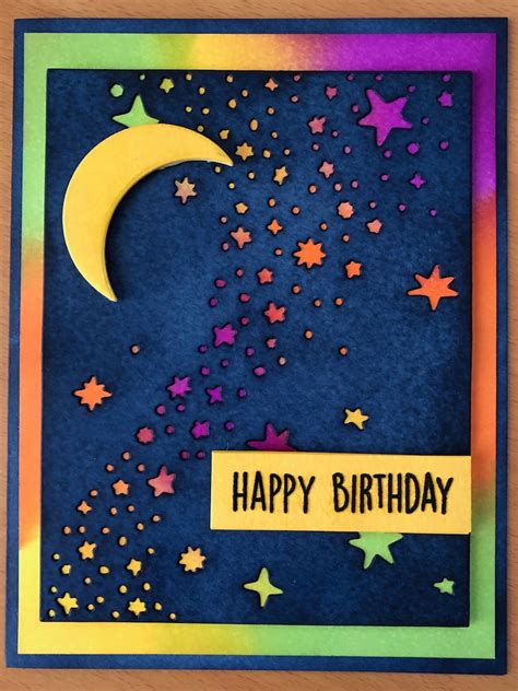 Celestial Night Sky Happy Birthday Card Rainbow Moon And Etsy
