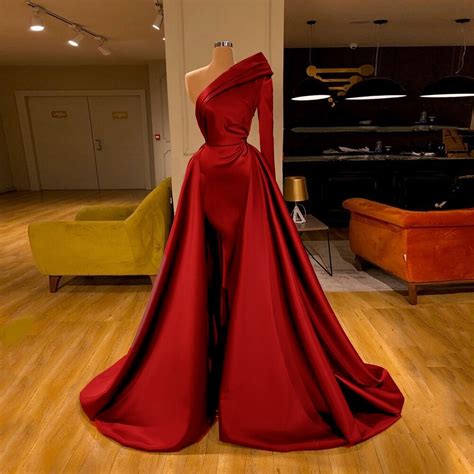 sex satin prom dresses one shoulder long sleeves pleat pageant party gown for wedding sweep