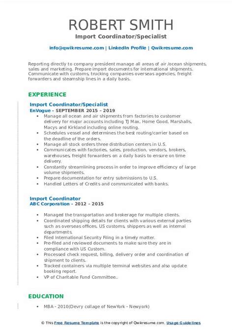 830 import export specialist jobs available on indeed.com. Import Coordinator Resume Samples | QwikResume