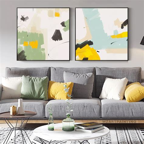 Framed Wall Art Set Of 2 Prints Abstract Green Blue Yellow Black White