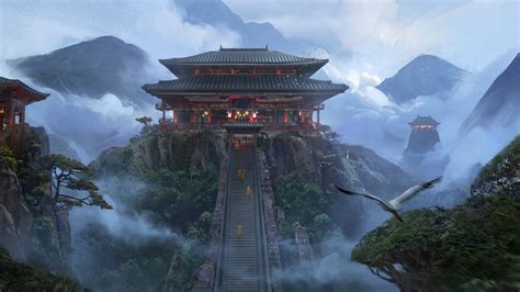 Temple Fantasy Art Artwork Landscape Mountains Hd Wallpaper