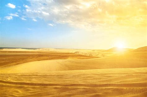 Desert Landscape Sand Dunes At Sunset Near Qatar And Saudi Arabia