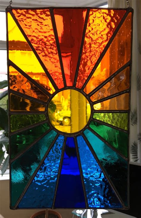 Sunburst Stunning Bright Stained Glass Suncatcher Panel Etsy Stained Glass Sunburst