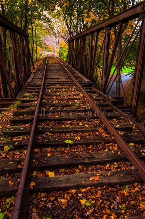 Autumn Leaves On A Railroad Bridge In York County Pennsylvania Stock