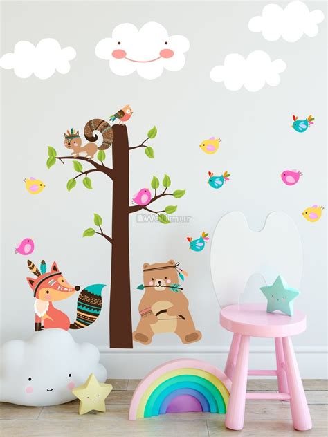 Kids Cute Fox And Bear And Cartoon Tree With Little Birds Wall Decal