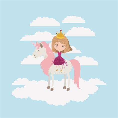 Premium Vector Princess With Unicorn In The Clouds