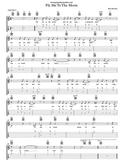 fly me to the moon frank sinatra guitar chords including words and melody line and guitar tab