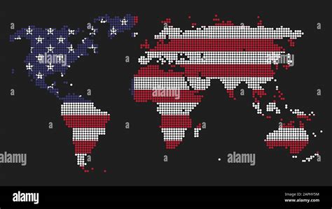 Dotted World Map Illustration Made Of Usa Flag Colors As Concept For