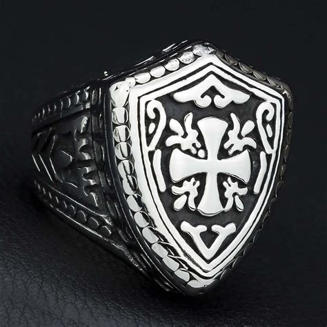 Cross Knights Templar Men Signet Ring Seal Silver Punk Rock Hip Hip