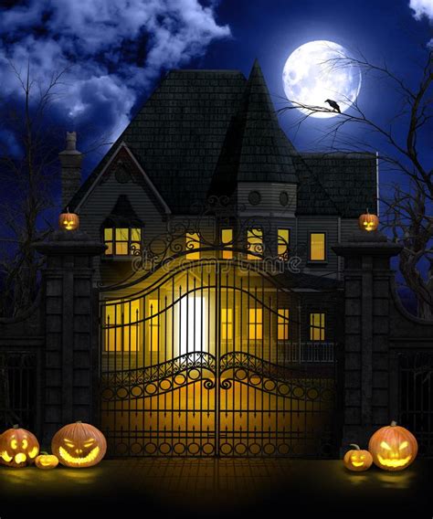 Entrée Hantée De Manoir De Halloween Avec Ghost La Nuit Illustration