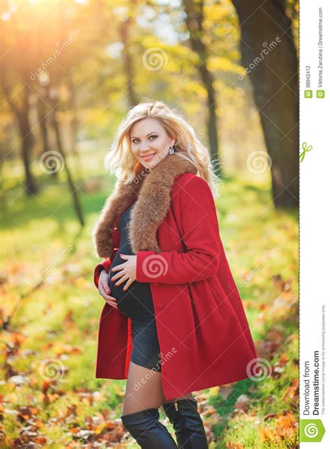 Beautiful Happy Pregnant Woman Staying In Autumn Park