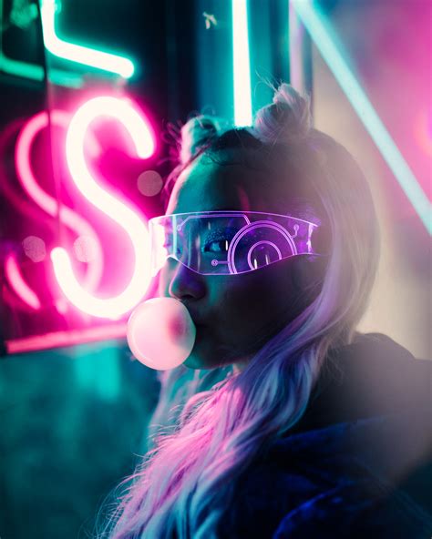 Wallpaper Women Model Portrait Neon Lights Looking At Viewer Dyed Hair Long Hair