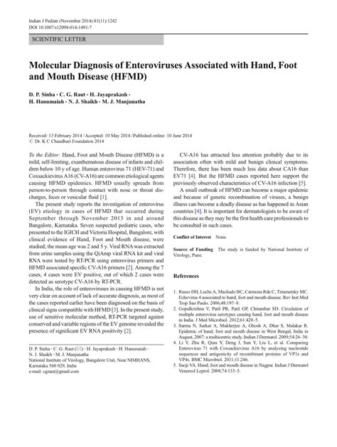 Pdf Molecular Diagnosis Of Enteroviruses Associated With Hand Foot