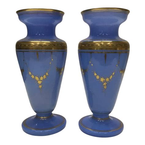 19th Century French Blue Opaline Glass Vases With Gilt Decoration A Pair Chairish