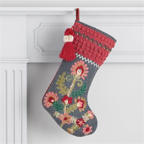 Floral Embroidered Stocking With Tassel Embroidered Stockings