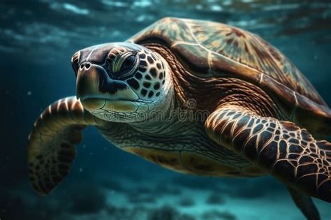 Close Up Portrait Of Happy Sea Turtle Swimming Underwater Ai Generated