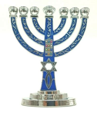 Menorah Star Of David 7 Branch Jewish Silver Blue Hanukkah Israel