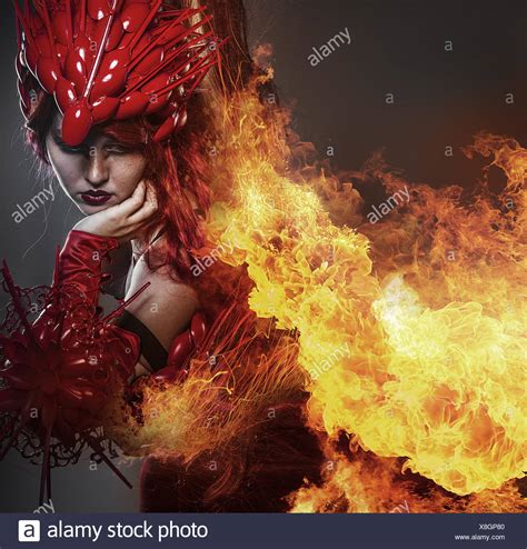 Girl On Fire Steampunk Beautiful Woman Dressed In Red