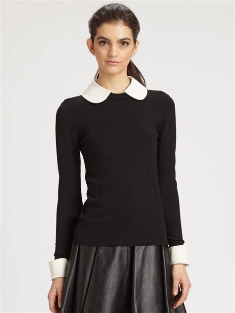 Milly Leather Cuff Collar Sweater In Black Lyst