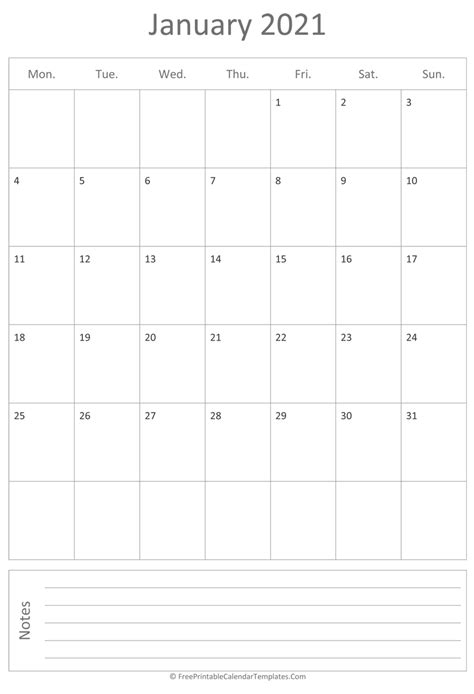 Printable January Calendar 2021 Vertical