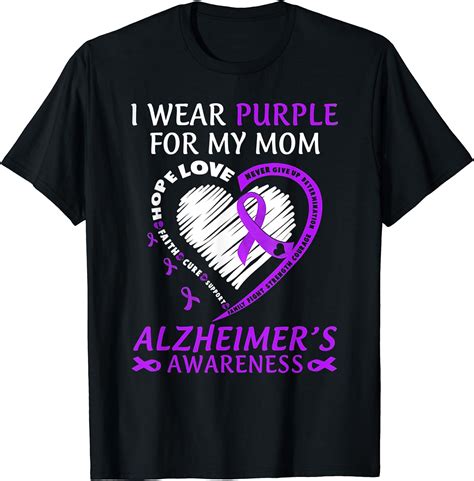 I Wear Purple For My Mom Alzheimers Awareness Heart Ribbon T Shirt Clothing